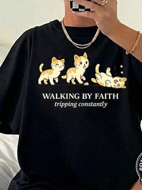 Walking By Faith Tripping Constantly Shirt, Funny Cat Tee